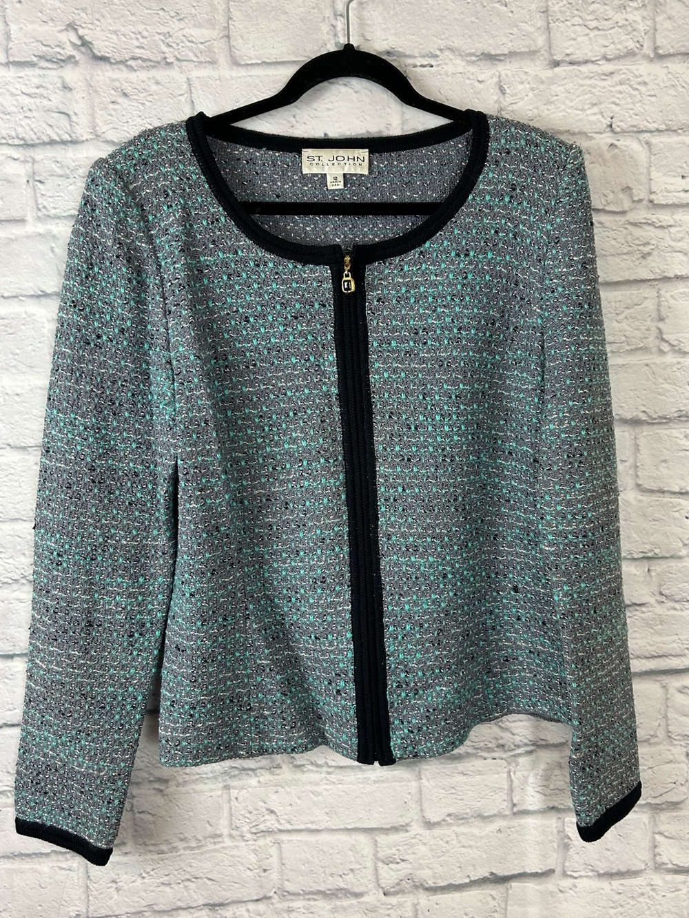 St. John Collection Size 12 Gray Turquoise Knit Zip Front Jacket Cardigan USA